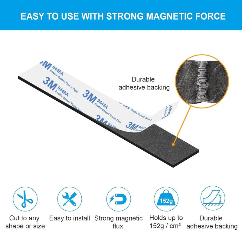 SAICOOS Magnetic Strips Tape with Adhesive Backing Magnet – Heavy Duty Magnets Strip, with 10Pcs Metal Stickers for Double Sided Self Sticky Non Metal, for Tool and Knife Strong Magnetic Wall Holder - Image 5